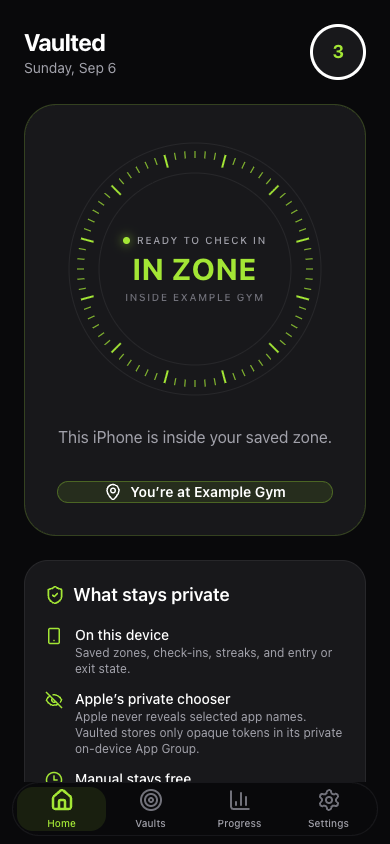 Vaulted Home showing the iPhone inside a sample saved gym zone, ready for a check-in
