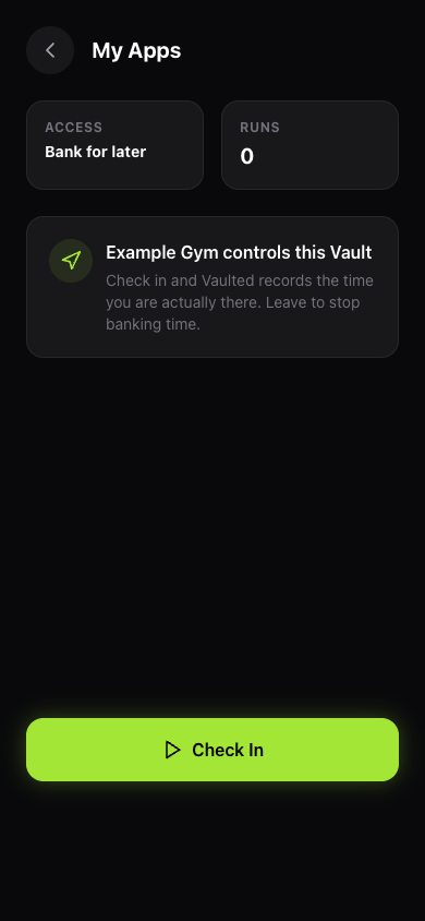 Vaulted Automatic Earned Time detail showing a sample gym, Bank for later access, and a Check In button